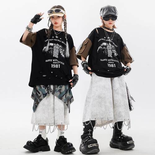 少儿街舞服装男童嘻哈潮服酷帅破洞拼接套装hiphop女童酷帅演出服 - 图1