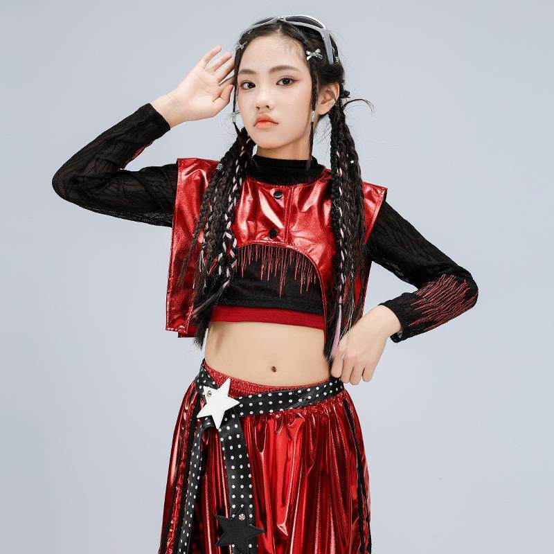 女童爵士舞服装黑红露脐皮裤舞蹈服套装jazz女孩走秀元旦演出服女,淘宝优惠券,粉丝福利购,淘宝优惠卷