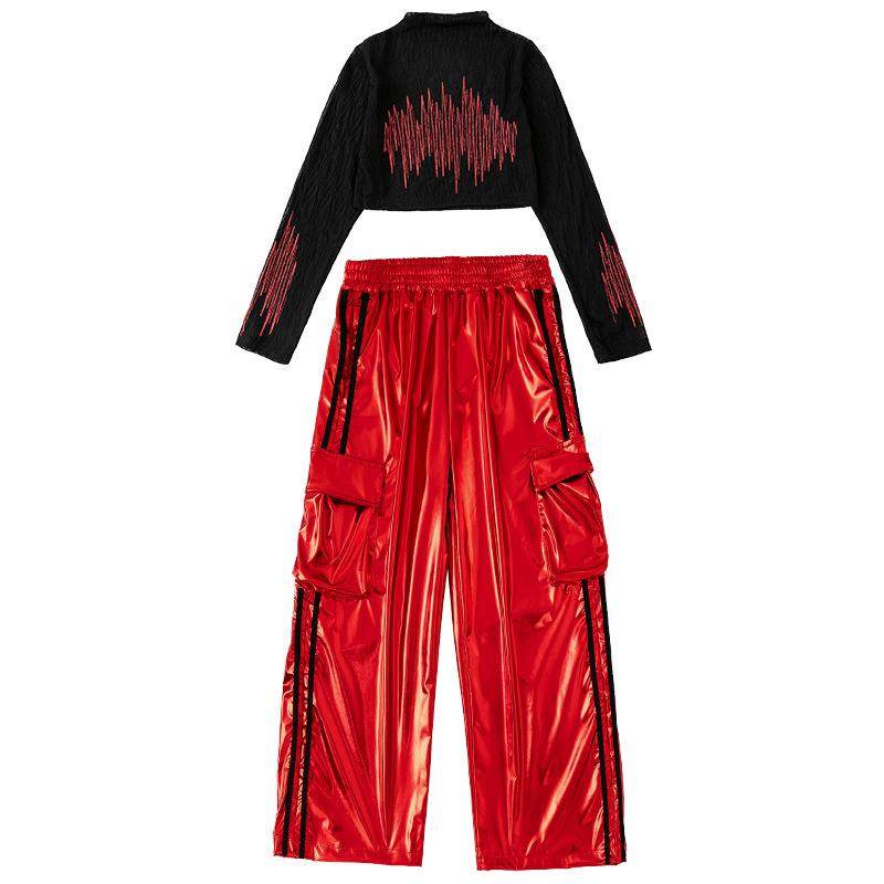 女童爵士舞服装黑红露脐皮裤舞蹈服套装jazz女孩走秀元旦演出服女,淘宝优惠券,粉丝福利购,淘宝优惠卷