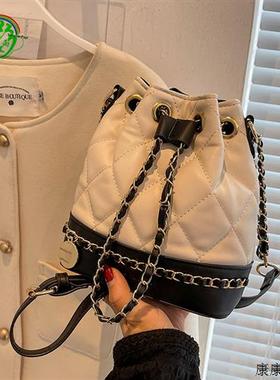 香港CL真皮女包链条水桶包高级质感抽绳包包女2024新款时尚斜挎包