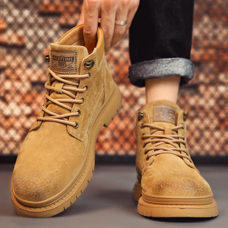 潮牌英伦风时尚覆古马丁靴男士翻毛皮厚底增高中帮短靴高帮工装靴 - 图1
