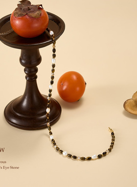 JAY虎眼石项链复古珍珠锁骨链