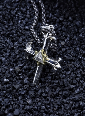 S925纯银欧美个性全知之眼十字花吊坠手工男女款拼色项坠项链潮人