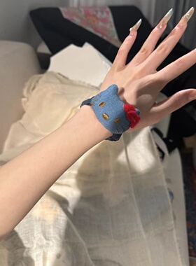 可爱蓝色甜美KT猫咪复古牛仔发圈发绳少女甜美高弹力皮筋发饰头饰