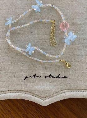 韩国新款粉蓝色爱心石头珍珠串珠