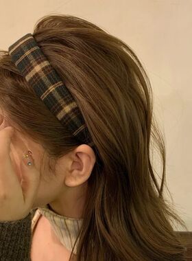 ins绿色格子发箍女百搭宽边成人头箍发饰女春秋学院风高颅顶发箍