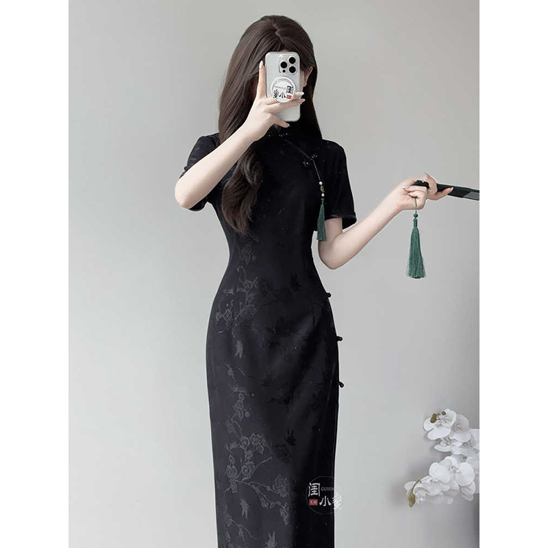 黑色古法旗袍少女新中式高端气质提花连衣裙2025新款夏季复古绝美 - 图0