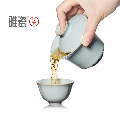 雅瓷汝窑三合盖碗陶瓷功夫茶具三才泡茶碗单个冰裂纹开片天青色 - 图3