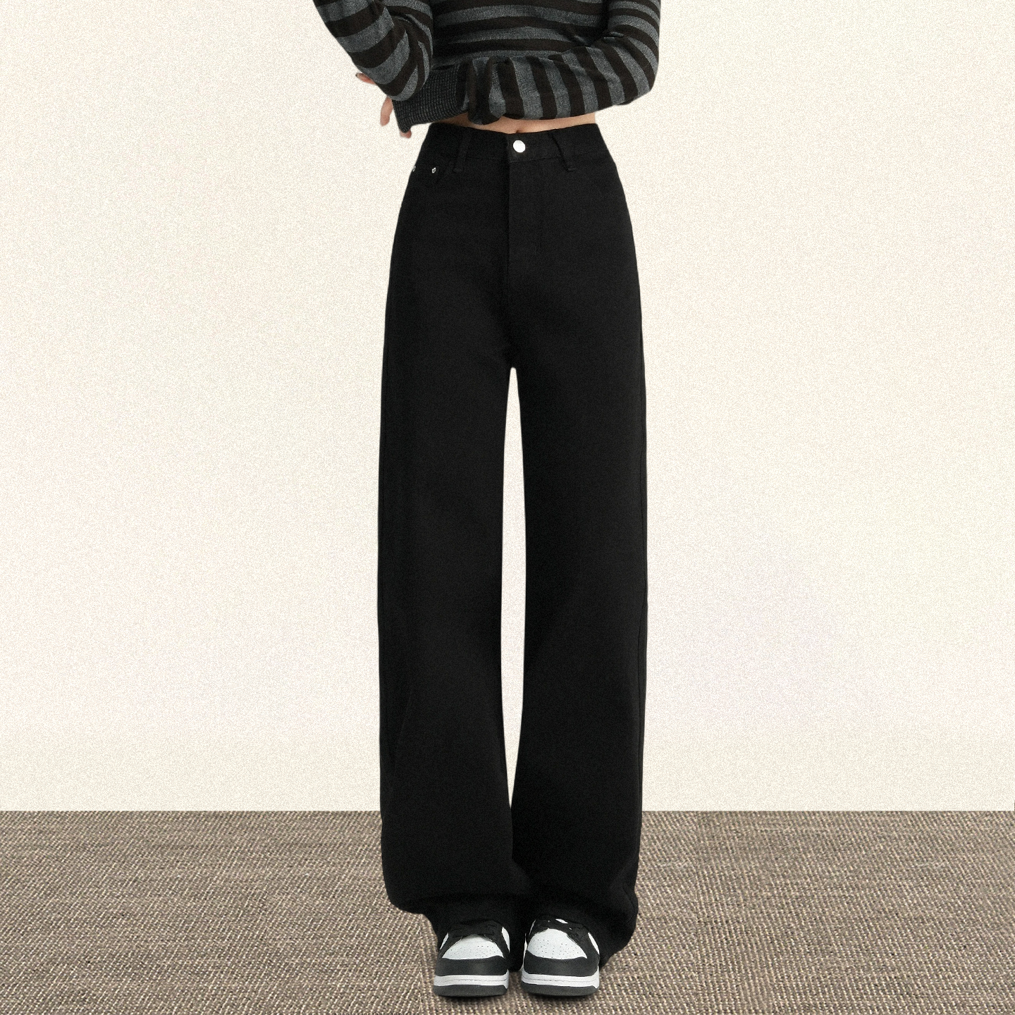 TRYOLO【松弛定律】黑色阔腿牛仔裤女加绒百搭显瘦宽松简约直筒裤 - 图0