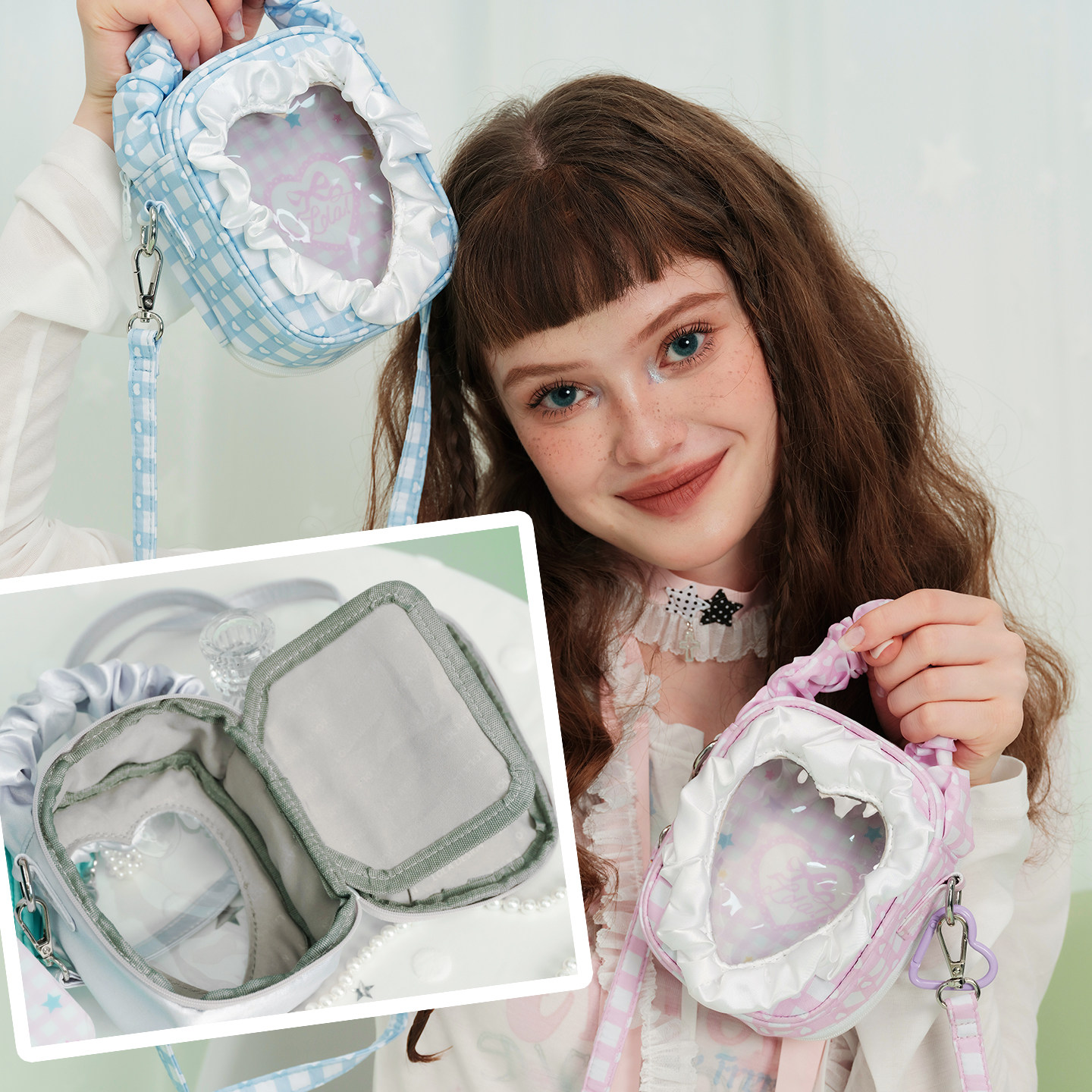 LOLA DESIGN天使爱心珍珠蕾丝斜挎小痛包 外出遛娃包10CM透明娃包,淘宝优惠券,粉丝福利购,淘宝优惠卷