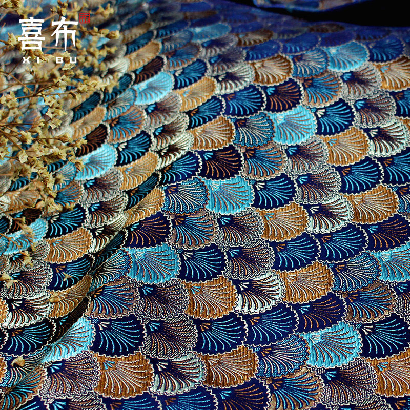 织锦缎缎面料口金包提花桌布diy手帐茶垫布艺荷包贝壳海洋 蓝布料