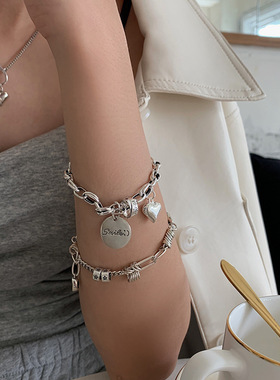 2025纯银复古做旧爱心手链女ins小众设计圆牌学生冷淡风复古简约