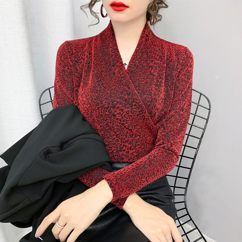 遮肚洋气小衫韩版修身网纱秋冬t恤 缇诗田蕾丝衫/雪纺衫