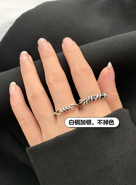 S925银手饰欧美新文艺个性流行设计银饰复古麻花戒指