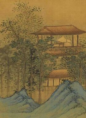 仇英春山吟赏图国画微喷复制客厅书房茶室装饰挂画卷轴仿古山水画