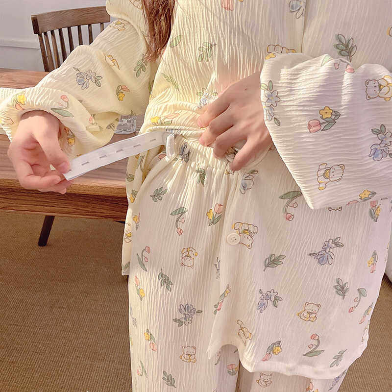 春夏季薄款带胸垫月子服纯棉皱布产后哺乳大码孕妇睡衣怀孕期家居