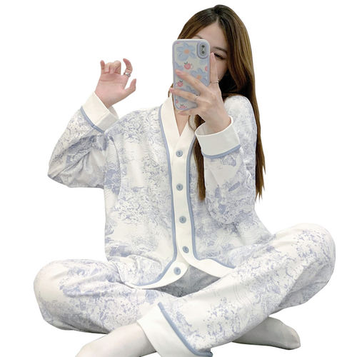 带胸垫月子服春秋纯棉产后产妇哺乳家居服夏季薄款孕妇睡衣喂奶衣 - 图3