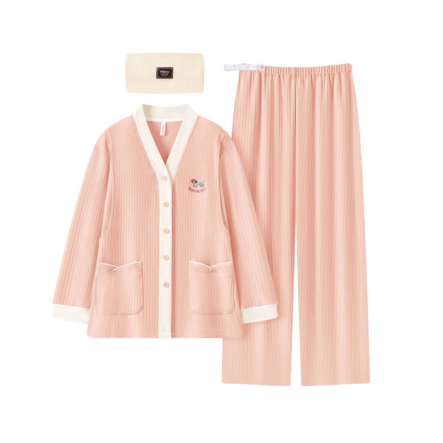 秋冬坑条纹纯棉带胸垫月子服产后产妇11月份12孕妇睡衣哺乳喂奶衣