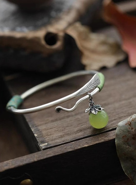 铜镀银新中式树叶子开口手镯新一夜暴富心经底民族风 羽毛手镯