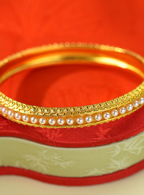 铜镀金婉容镯珍珠手镯女高级感气质镶珠复刻金胎穿珍珠婉容镯清代