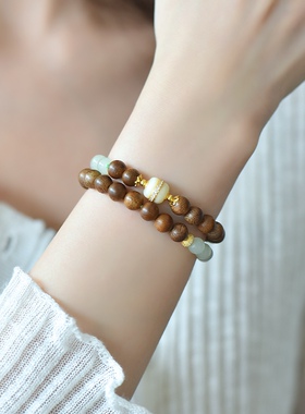 6mm高冰白玉檀木双圈手链手串手链女款玉石手饰玉坠挂件