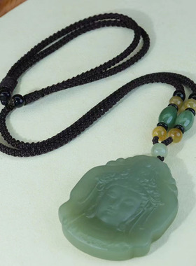 天然和田玉六字真言观音首吊坠女款玉坠玉佩玉石毛衣链挂件项链