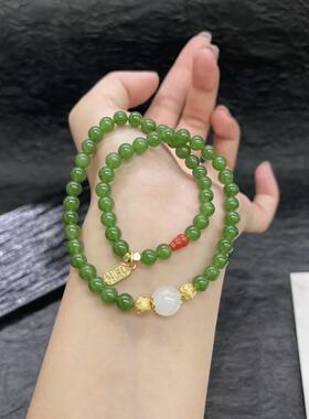 天然和田玉碧玉卡6mm设计款搭配白玉顶珠精美配饰点缀圆珠手串