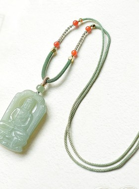 天然和田玉青海料老料冰湖水绿观音佛牌项链男女款吊坠玉挂件饰品