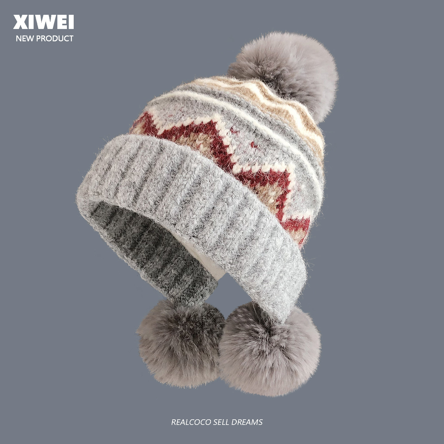 冬季复古毛线帽女加厚保暖护耳帽费尔岛风防寒可爱毛球针织雷锋帽,淘宝优惠券,粉丝福利购,淘宝优惠卷