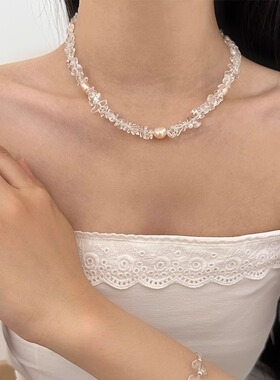 s925纯银不规则白水晶串珠天然淡水珍珠项链女高级感亚马逊