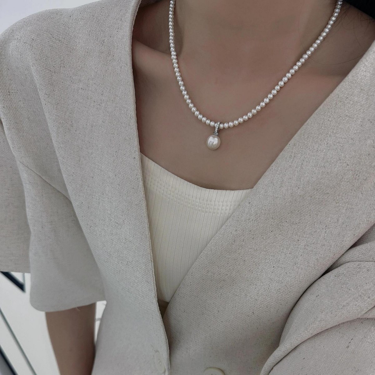 s925纯银奶嘴吊坠施家珍珠项链女高级感轻奢小众颈链百搭日常通勤 - 图1