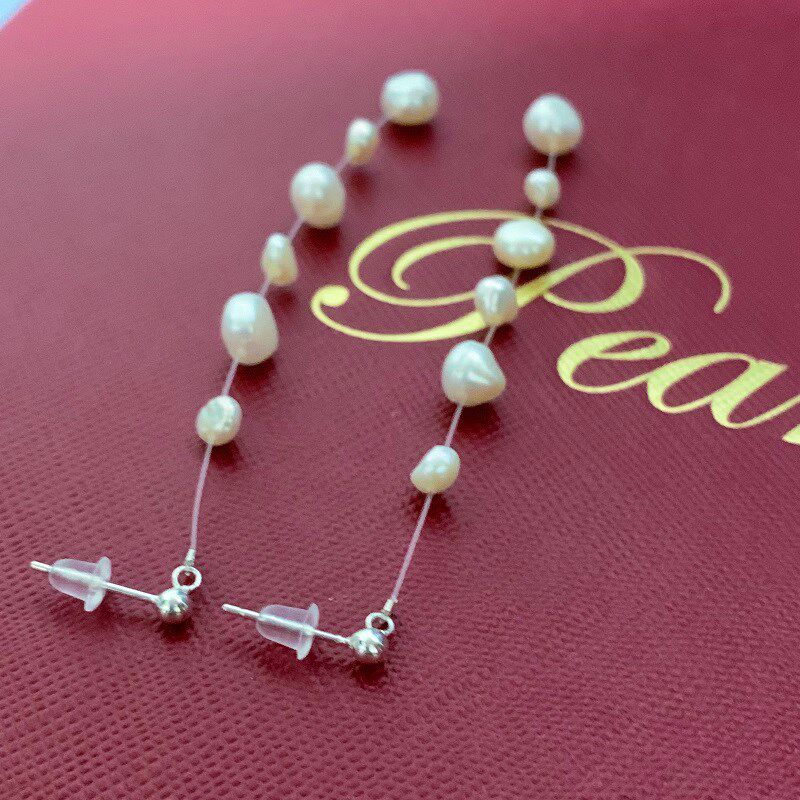 Long Baroque Pearl Earrings Real 925 Sterling Silver Tassel - 图0
