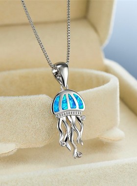 Female Luxury Blue Fire Opal Jellyfish Pendant Necklaces For