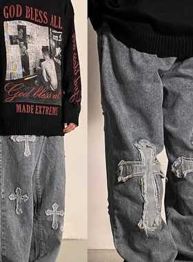 Retro Y2K embroidered men	s jeans European and American h