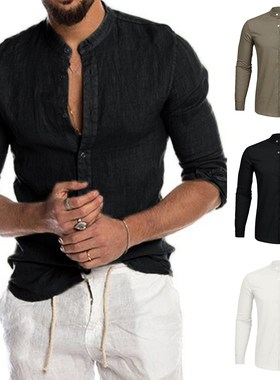 New Men's Casual Blouse Cotton Linen Shirt Loose Tops Short