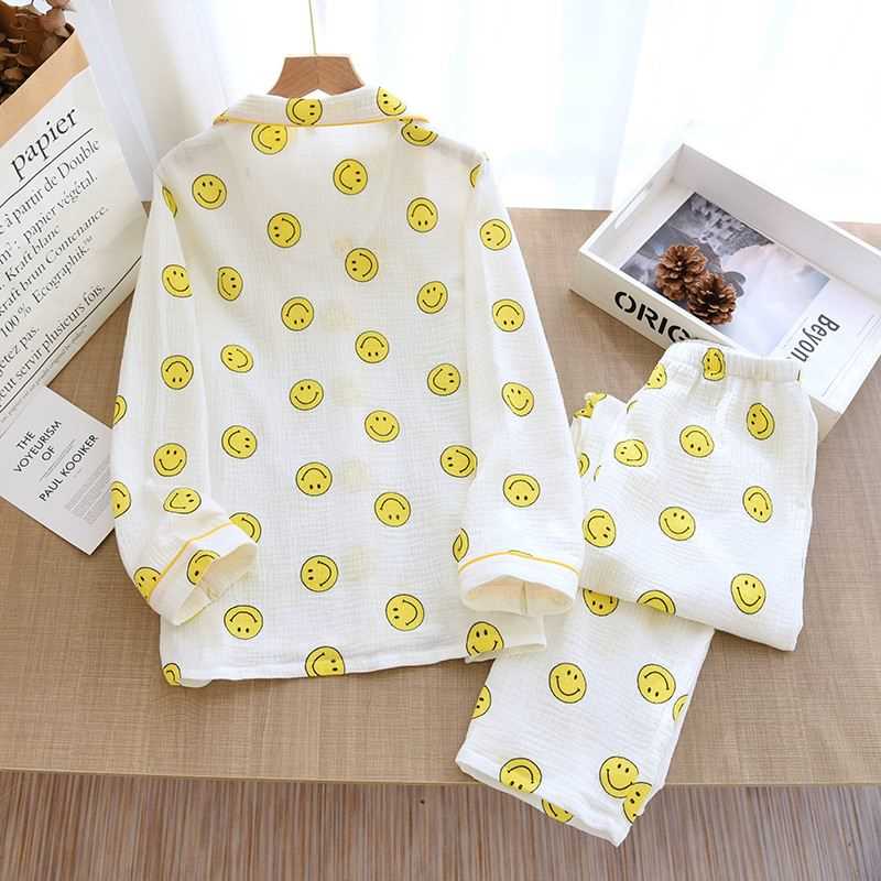 Smile Face Pure Cotton Women Home Clothes Lapel Long-sved - 图0