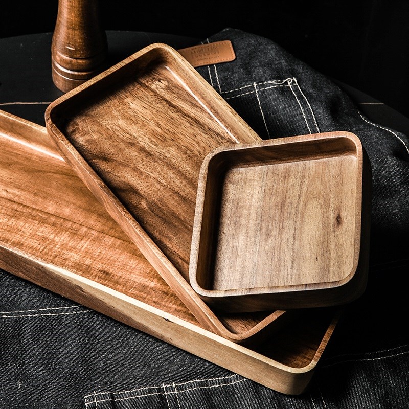 1Pcs Acacia Wood Serving Tray Square Rectangle Breakfast-图1