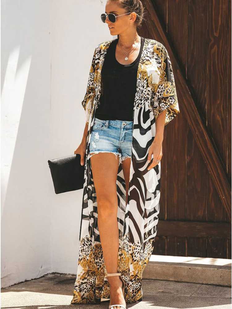 Bikini Cover Up Chiffon Beach Kimono Women Leopard Printed L-图3