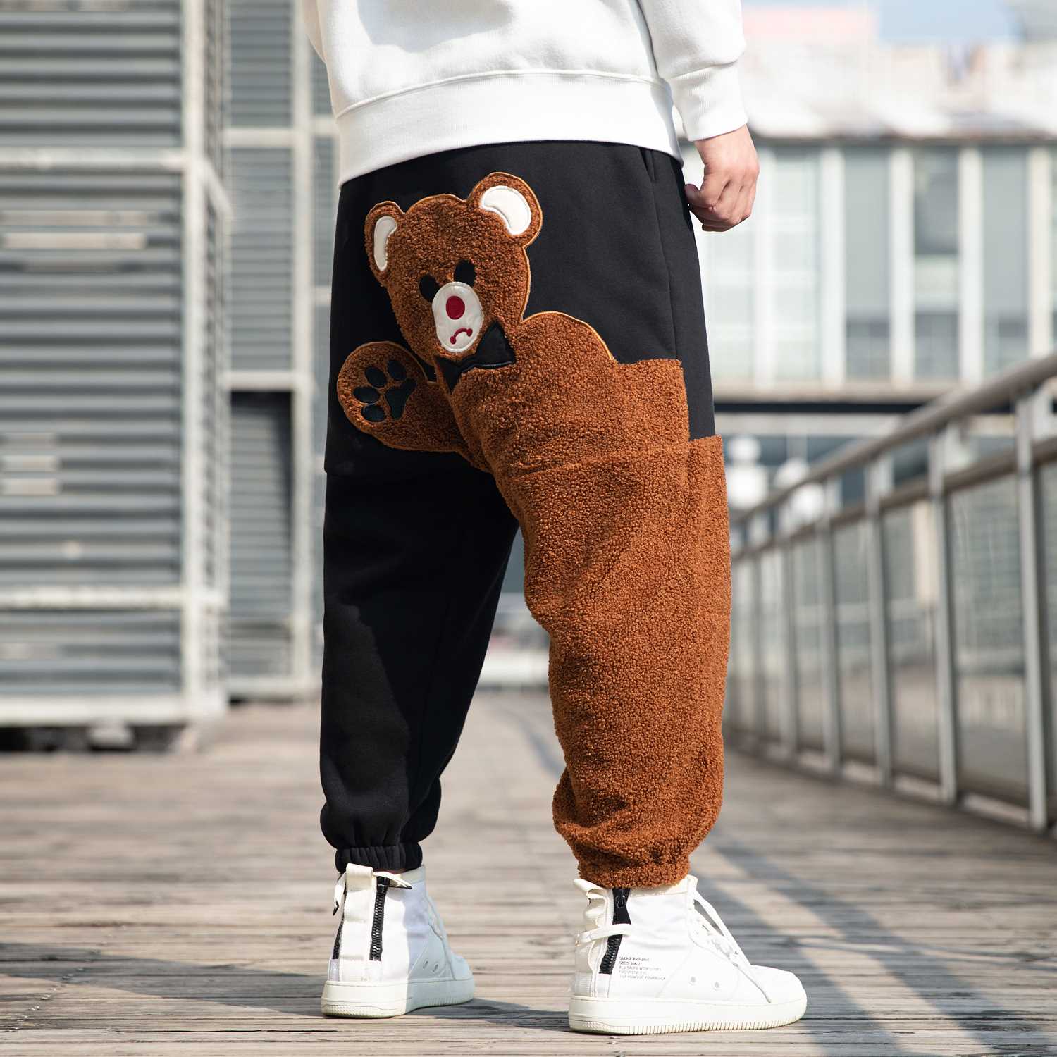 Fashion Bear Cartoon Pattern Fleece Casual Pants Autumn Wint-图0