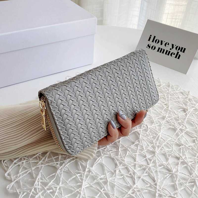 2022 Women Weave Wallet Leather Wrist Handle Phone Case Long - 图1