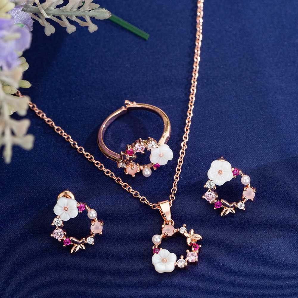 Fashion Rose Gold Crystal Pendant Necklace Earrings Rings Se - 图1