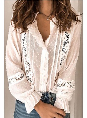 Spring Autumn Women Blouse Fashion Casual Ruffles Shirt V Ne