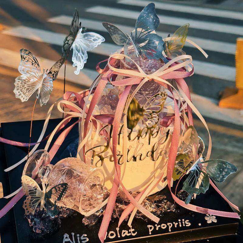 3.8妇女节氛围感幻彩蝴蝶蛋糕装饰母亲节酒杯摆件DIY蝴蝶结丝带,淘宝优惠券,粉丝福利购,淘宝优惠卷