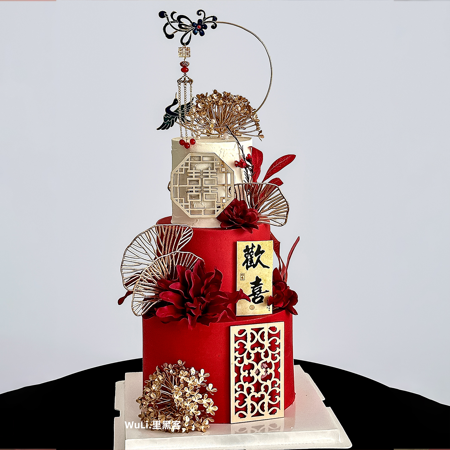 国潮结婚订婚宴鲜花婚礼蛋糕甜品台中式屏风凤钗绣球花大丽菊插件 - 图2