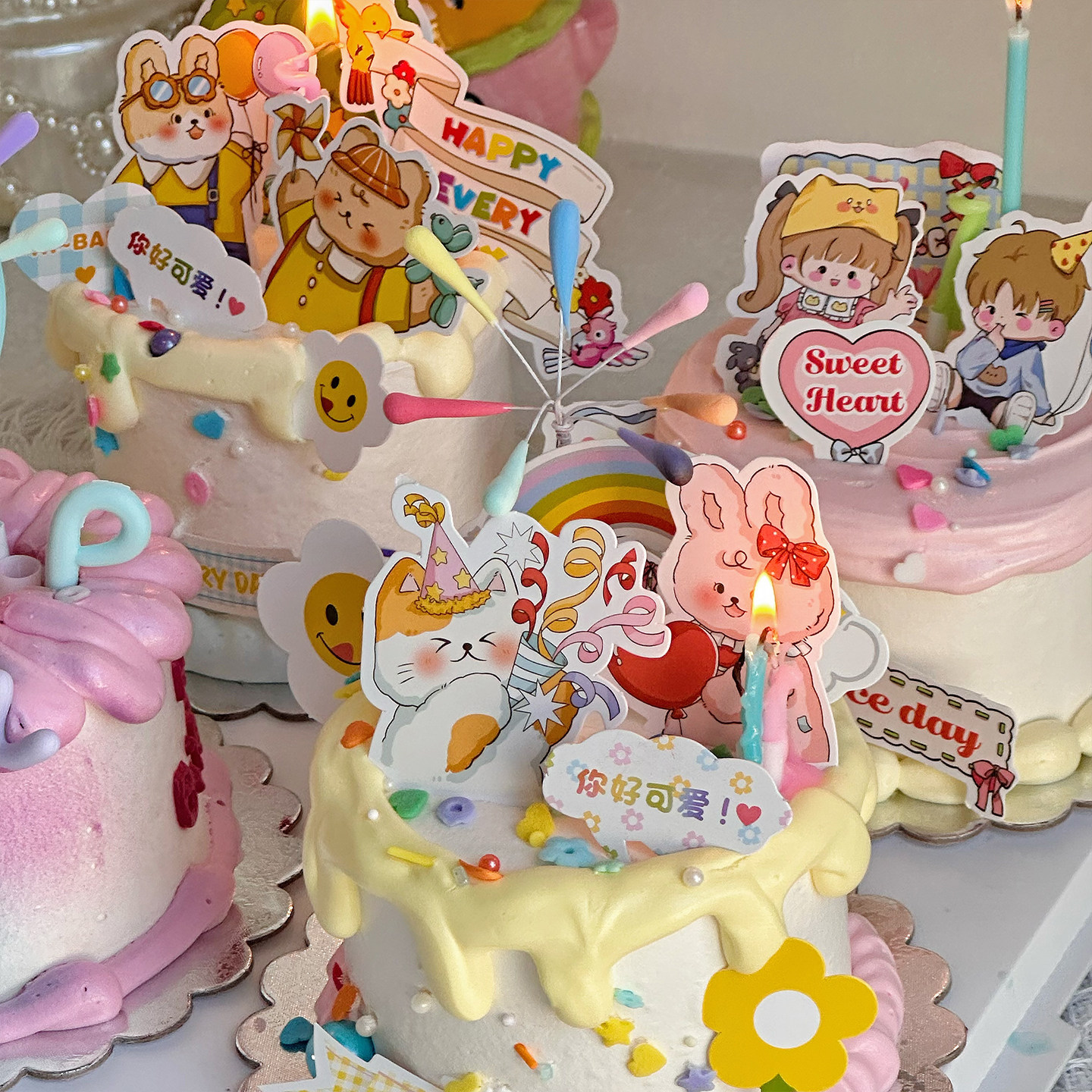 六一儿童节卡通小熊兔淋面蛋糕装饰插件可爱彩虹花朵diy礼花插牌,淘宝优惠券,粉丝福利购,淘宝优惠卷