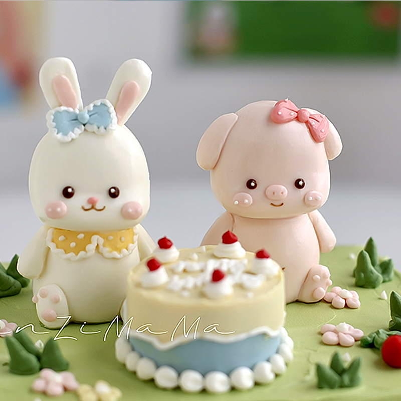 网红软陶小猪小兔子蛋糕装饰插件春游森系立体小动物生日派对摆件 - 图1