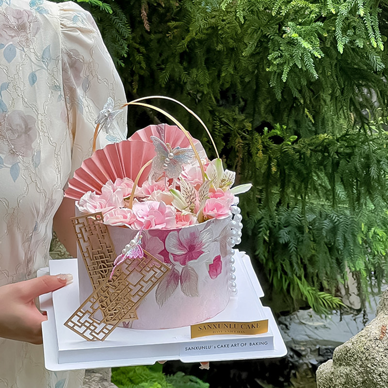 江南风母亲节鲜花蛋糕装饰新中式胭脂印花围边纸折扇屏风蝴蝶插件,淘宝优惠券,粉丝福利购,淘宝优惠卷