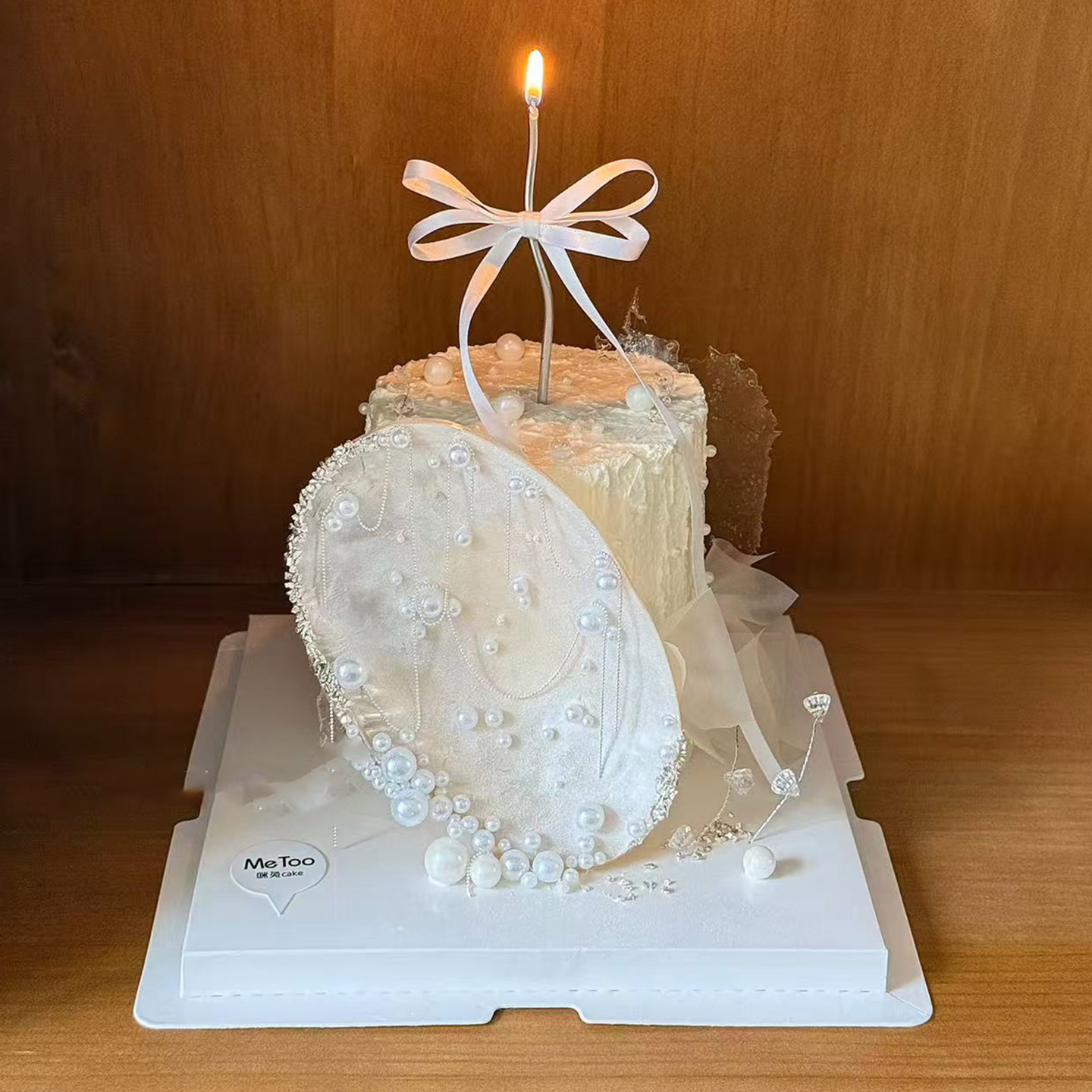 高级感ins白色贝壳蛋糕装饰可爱女神生日珍珠蝴蝶结丝带气质甜品 - 图1