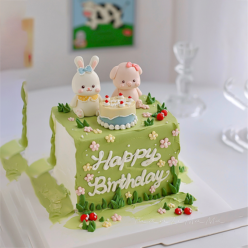网红软陶小猪小兔子蛋糕装饰插件春游森系立体小动物生日派对摆件 - 图0