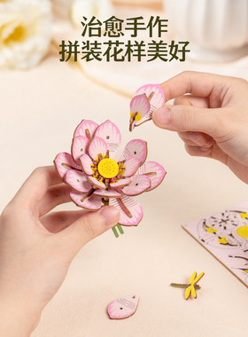 若客木艺繁花diy手工积永生花模型活动摆件拼装粉荷花绣球生日礼